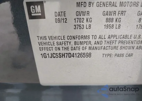 2013 Chevrolet Sonic Lt Auto z USA, uszkodzony, nr VIN 1G1JC5SH7D4126598